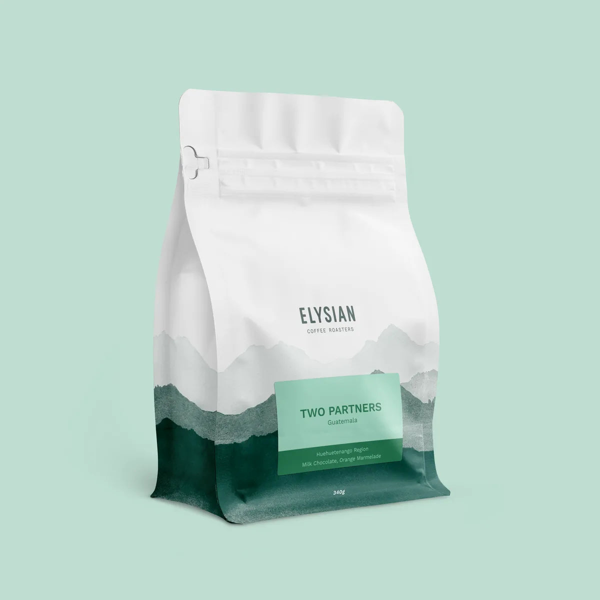 Two Partners filter coffee bag from Guatemala, white with painted green mountains, on a mint background